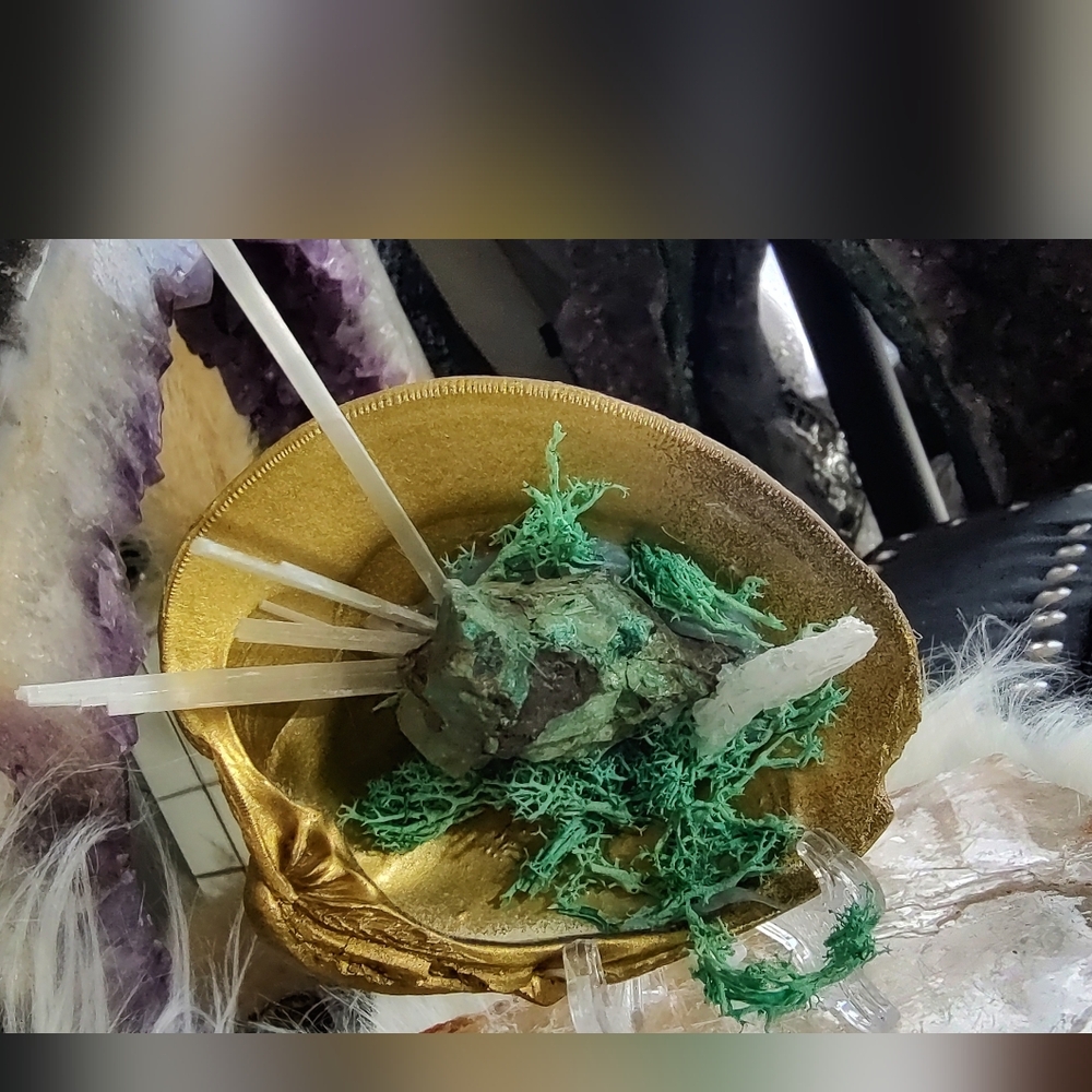 Seashell w/ Emerald & Selenite Crystals & Artificial Moss